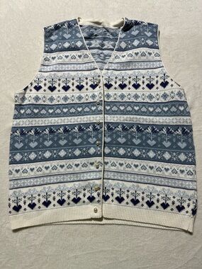 Vintage Cottage Heart Sweater Vest Womens L Blue Fair Isle Cotton Pearl Buttons